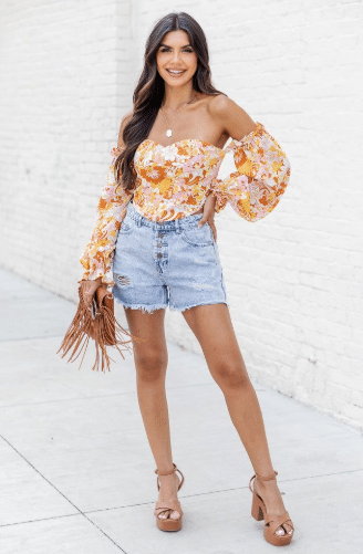 Embroidered Off-Shoulder Blouse with Denim