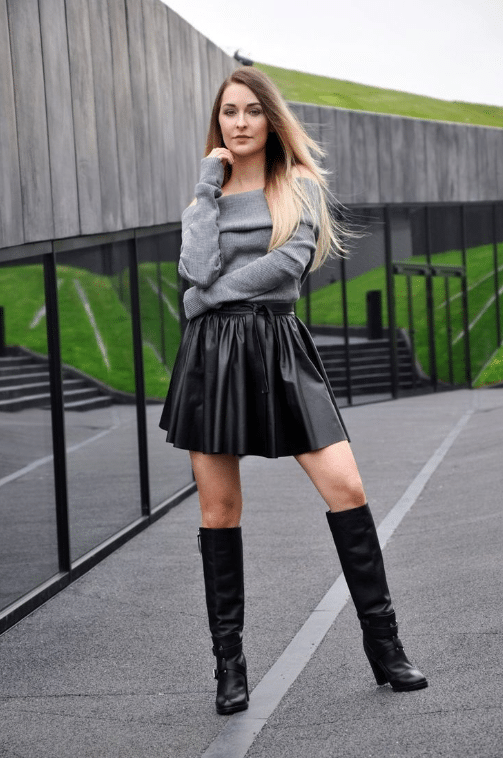 17. Off-the-Shoulder Sweater and Leather Skirt