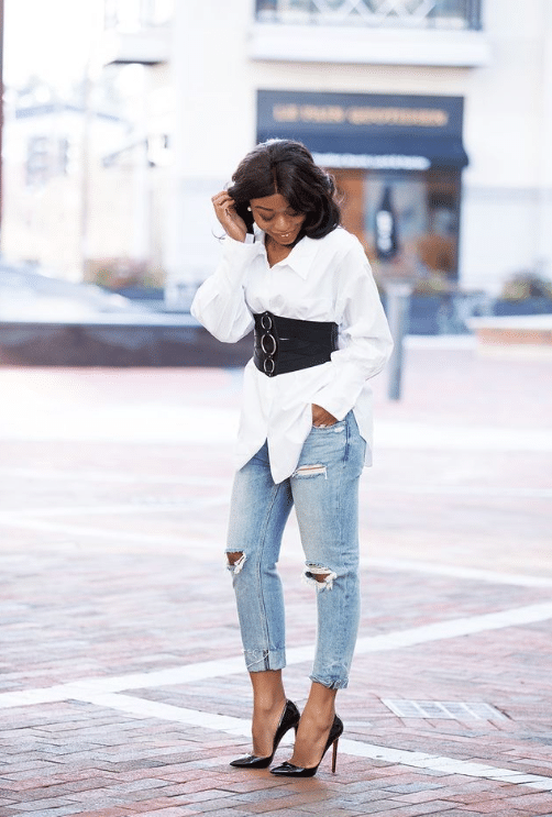 20. White Shirt with Corset and Jeans
