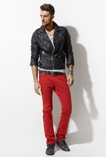 46. Red Patterned Slim Jeans + Graphic Tee + Leather Jacket