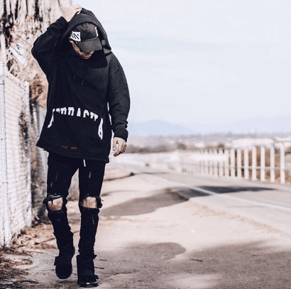 47. Black Techwear Pants + Ripped Off-White Tee + Techwear Hoodie